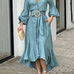 High-Low Puff Sleeves Pleated Solid Color Lapel Collar Maxi Dresses
