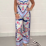 Fashion print suspenders open back tie top + straight pants set