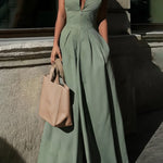 High Waisted Loose Pockets Solid Color Zipper V-Neck Jumpsuits