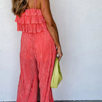 Self Tied Straps Pleated Wide Leg Jumpsuit