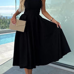 Sweet Cascade Solid Color Off Shoulder Pocket Full Hem Midi Dress