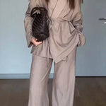 Casual Solid Color Lappel Top & Pants Two-Piece Set