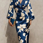 Loose Puff Sleeves Floral Printed Pleated Split-Joint V-Neck Midi Dresses