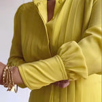 A-Line Long Sleeves Buttoned Pleated Pockets Solid Color Tied Waist V-Neck Maxi Dresses