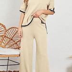 Lounge or Casual Wear Knit Patchwork Color Block Short Sleeve Top and Elastic Wide Leg Pants