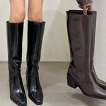Retro pointed-toe chunky heeled high boots