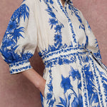 Loose Puff Sleeves Floral Printed Pleated Split-Joint Tied Waist Lapel Maxi Dresses Shirt Dress