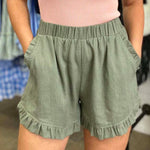 Elastic Waist Wide Leg Ruffle Cotton Linen Shorts