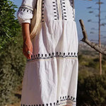 V-Neck Casual Loose Embroidered Mid-Sleeve Midi Dress