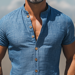 Men's Spring And Summer Fashion Casual Cotton Blend Stand Collar Slim Fit Wooden Button Short Sleeve Shirt