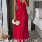 7 Colors Chicest V Neck Cut Out Waist Sleeveless Pleated Maxi Dress