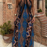 Unique Printed Suspender Pocket Full Hem Loose Holiday Maxi Dress