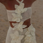 Mermaid Song Crochet Knit Three Dimensional Halterneck Cutout Stretch Mini Dress