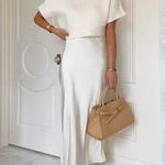 High Rise Solid Satin Midi Skirt