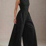 Sleeveless Wide Leg Pleated Solid Color Split-Joint Zipper Round-Neck Jumpsuits