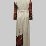 Long Sleeves Loose Floral Printed Pleated Split-Joint V-Neck Jumpsuits