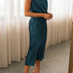 Perfectly Yours High Neck Elastic Waist Satin Drape Maxi Dress