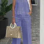 Cotton and Linen Sleeveless Top and Wide-Leg Pants Two-Piece Set