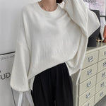 Stretch Mohair-Blend Balloon Sleeves Loose Solid Round-Neck Sweater Tops