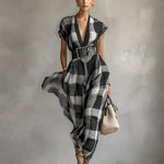 Women's Linen Blend Plaid V-neck Cap Sleeve Belt Maxi Dress
