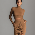 Women's Fashion Camel Stretch Knit Turtleneck Long-Sleeve Set With Skirt