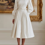 A-Line High Waisted Pleated Pockets Solid Color Tied Waist High Neck Midi Dresses