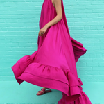 Loose Sleeveless Falbala Solid Color Stand Collar Maxi Dresses
