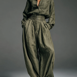 Women's Fashion Cotton And Linen Blended Long Sleeve Shirt Wide Leg Pants Two-Piece Set