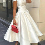 Short Sleeves Solid Color V-Neck Midi Dresses