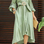 Full-Sleeve V Neck Belt Button Pocket Midi Dress