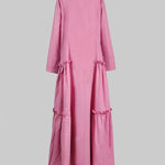 A-Line Long Sleeves Buttoned Layered Pleated Pockets Ruffled Solid Color Split-Joint Stand Collar Maxi Dresses