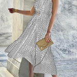 Unique Print Lapel Sleeveless Waisted Midi Dress