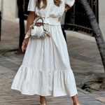 White Waisted Mid-length Sleeve Top and Loose Long Skirt Two-piece Set