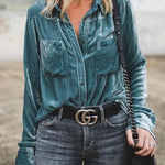 Women'S Retro Velvet Pocket Long Sleeve Shirt