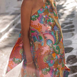 Rainbow Breeze Satin Unique Print Bow One Shoulder Loose Maxi Dress