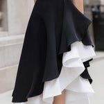 Contrast Ruffle High-Neck Asymmetrical Midi Dress