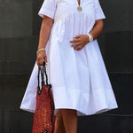 Loose Short Sleeves Solid Color Deep V-Neck Midi Dresses Shirt Dress
