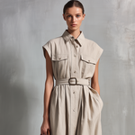 Women's Elegant, Natural-colored Cotton And Linen Blend Sleeveless Maxi Dress With A Shirt Collar