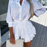 Casual Fashion Cotton and Linen Shirt and Short Skirt Set