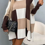 Hughes Color Block Plaid Mock Neck Cape Loose Sweater