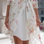Floral Chiffon Asymmetrical Midi Dress With Waist Tie