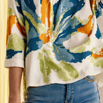 Half Sleeves Loose Buttoned Contrast Color Flower Print Round-neck T-Shirts Tops