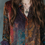 Boho Floral Print Velvet Long Sleeve Button Down Shirt