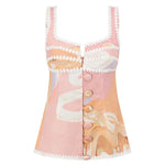 European Summer Linen Blend Ric Rac Trims Unique Print Button Tank