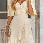 V-neck solid color waist ruffled summer dress