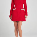 Girly and Glamorous Tweed Fabric Pearl Trim Long Slit Sleeve Pocketed Mini Dress