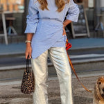 Tanie Metallic Fabric Mid-rise Pocket Cropped Wide Straight-leg Pants