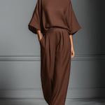 Women's Brown Cotton And Linen Blend Oversized Short-Sleeve Blouse & Wide-Leg Pants Set