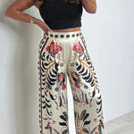 Satin Plant Print Elastic Waist Loose Wide Leg Pants