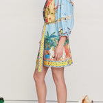 Linen Blend Unique Print Balloon Sleeve Belted Pocket Shirt Mini Dress